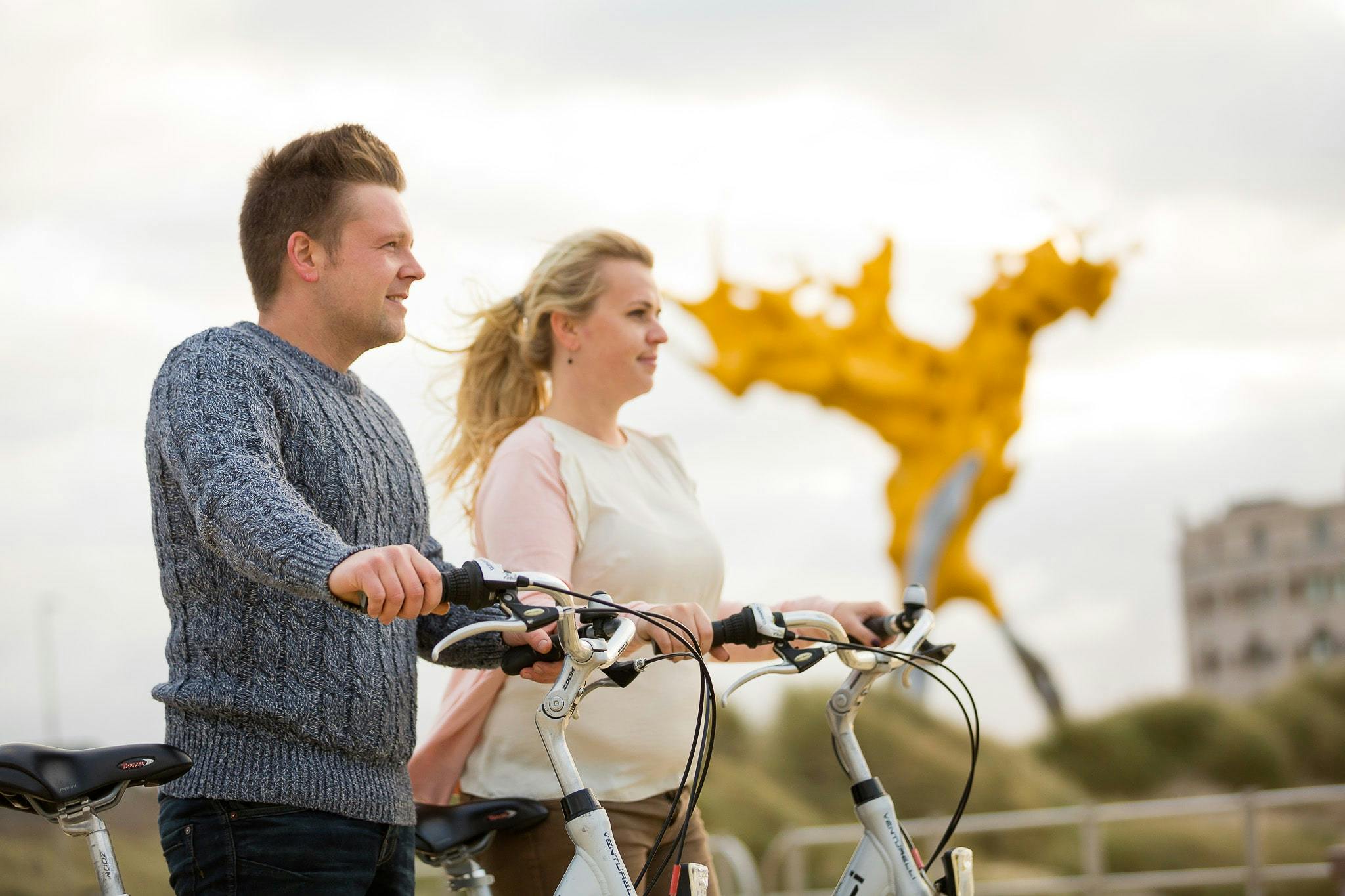 Young couple holding their bikes looking at the beach.